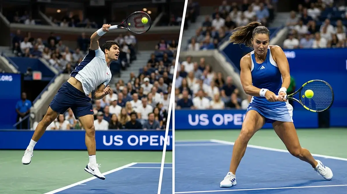 A split image of a men's and a women's professional tennis match