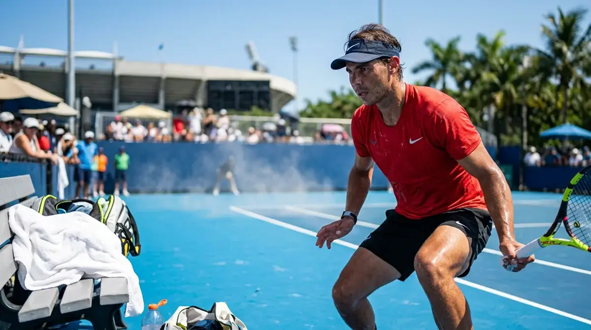 A player battling extreme Melbourne heat on a sunlit hard court