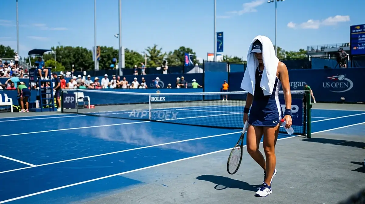 A blue hard court at the Australian Open in bright summer sunshine