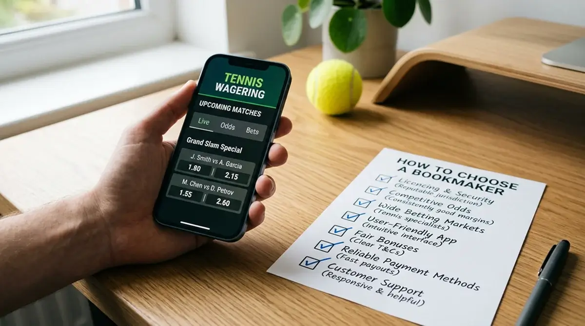 Smartphone showing a UK tennis betting app beside a bookmaker selection checklist