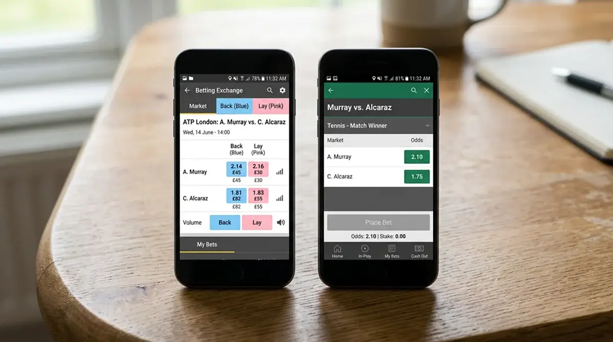 Betting exchange back and lay screen beside a traditional sportsbook tennis market