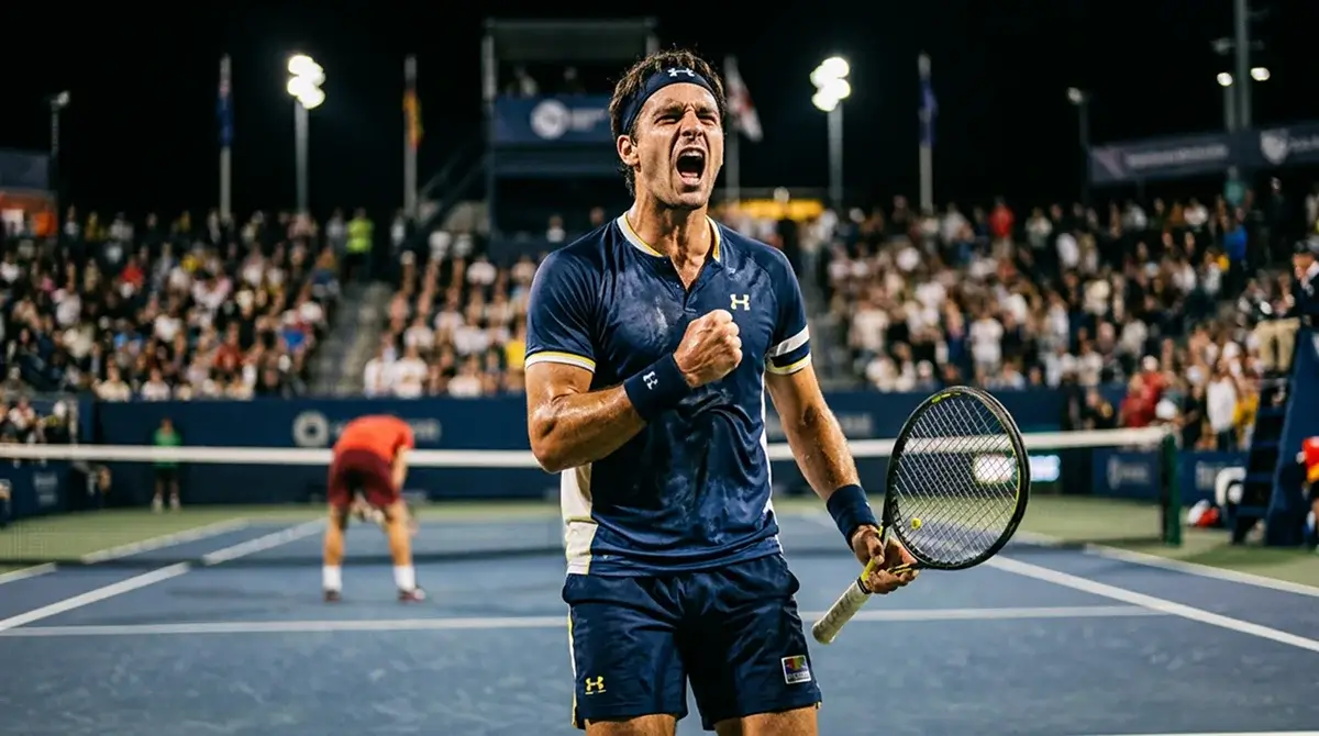 A lower-ranked tennis player celebrating a hard-won point against a top seed