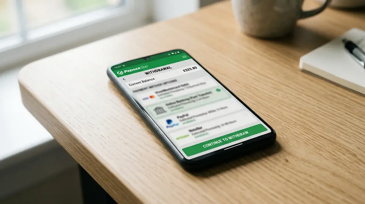 Betting account withdrawal screen listing payment methods and processing times