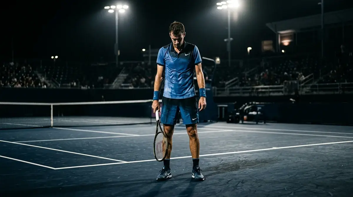 A tennis player pausing tensely between points under bright court lights