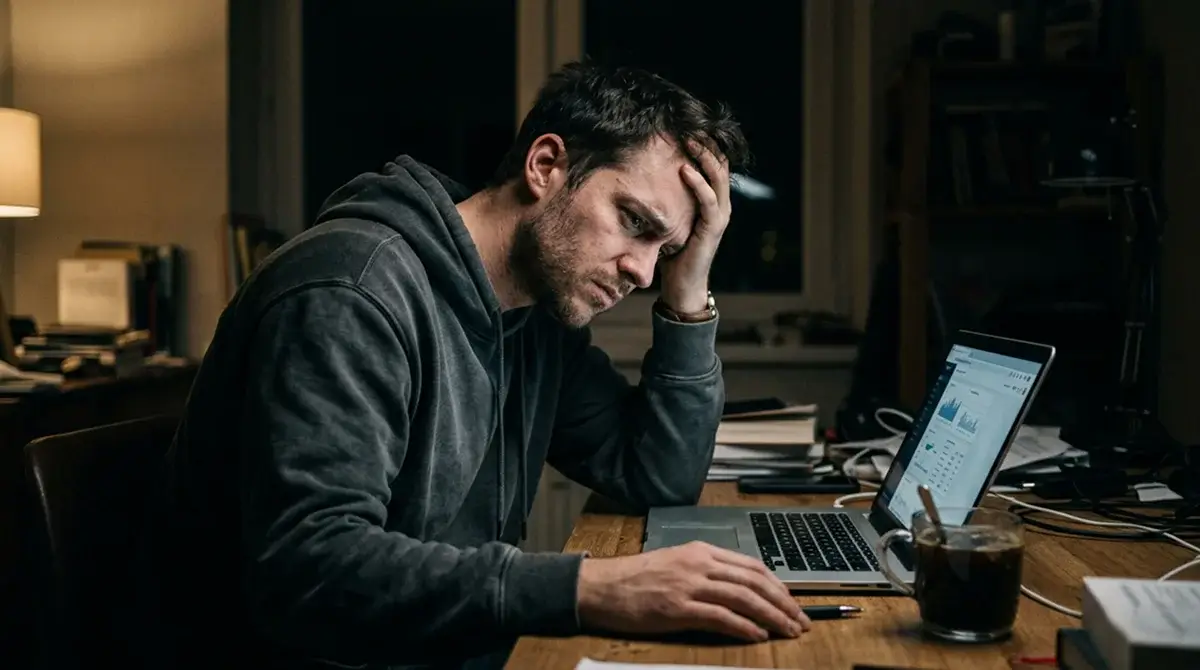 Frustrated bettor at a desk, illustrating the chasing-losses mistake in tennis betting