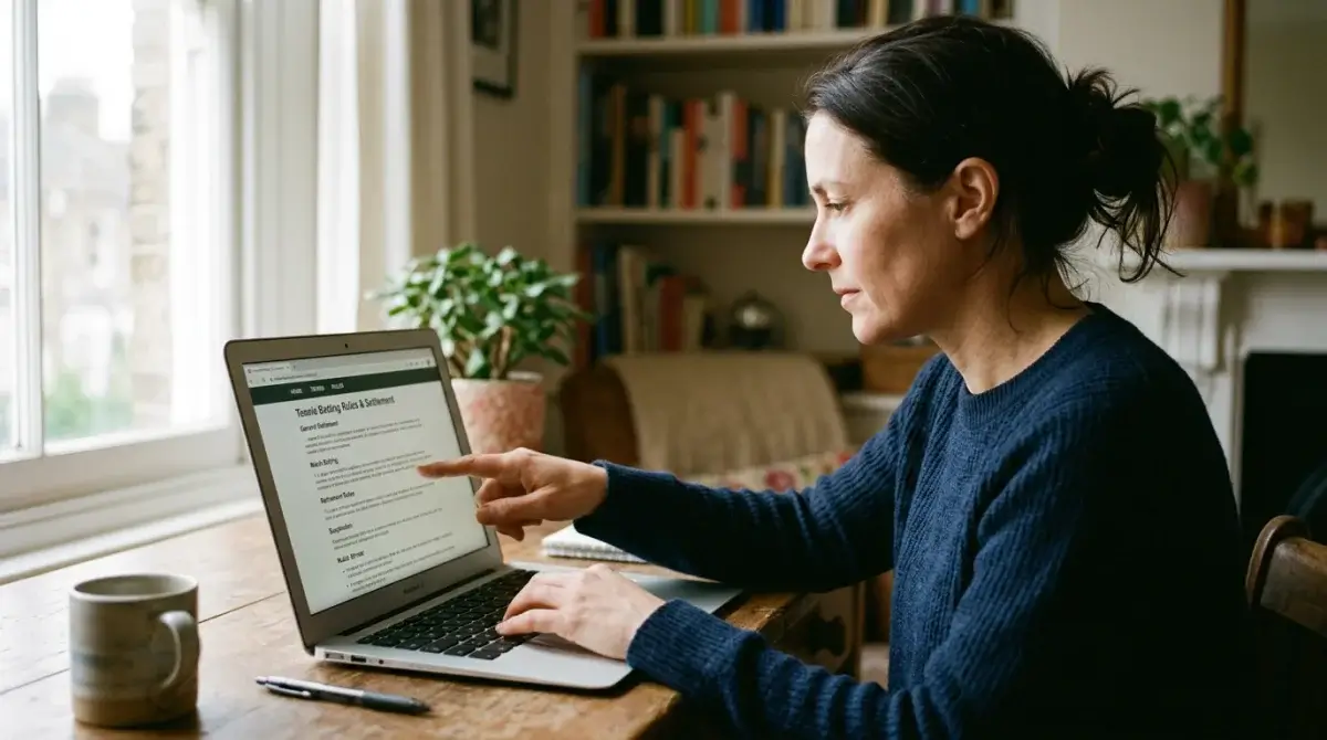 A bettor reading a bookmaker's tennis settlement rules before placing a bet