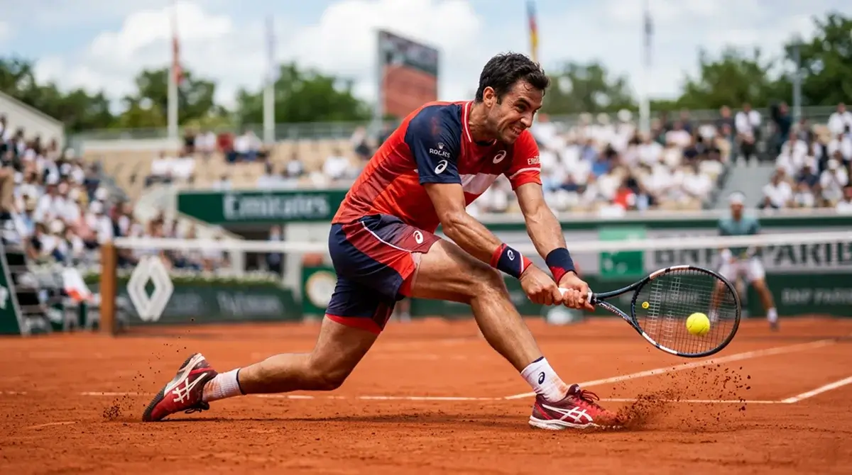 A clay-court specialist sliding into a backhand on the red dirt