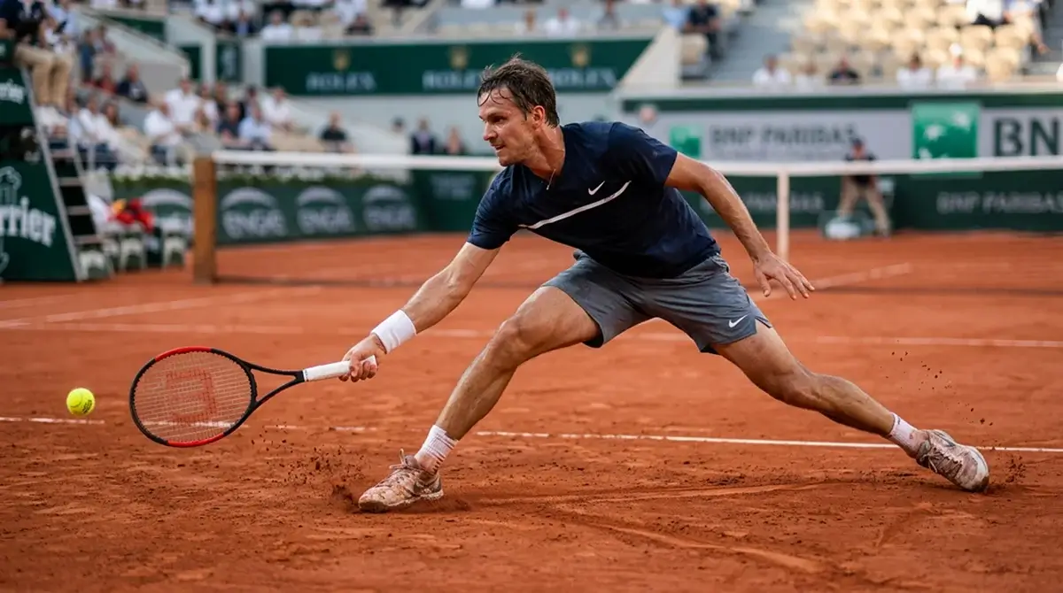 A baseline grinder sliding to defend a point on a clay tennis court