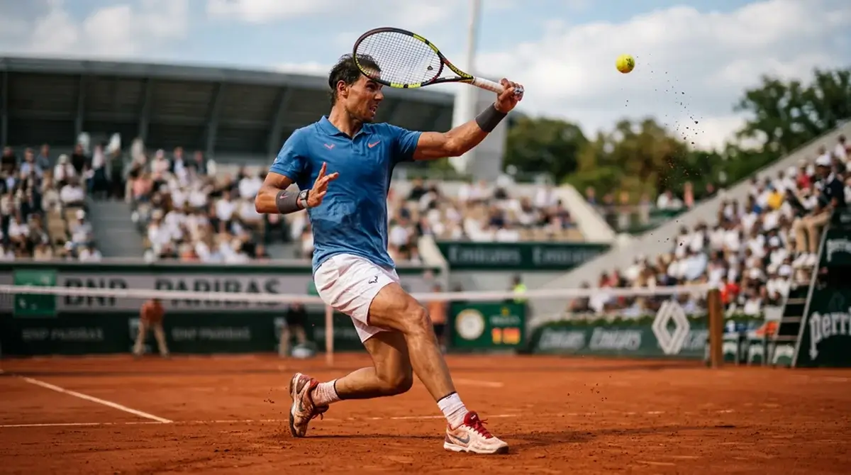 A tennis player striking a high, heavy topspin shot on red clay