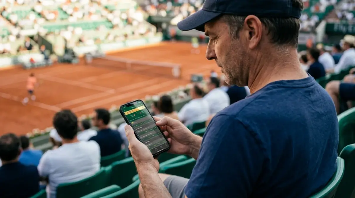 A spectator following live clay-court tennis betting markets on a phone