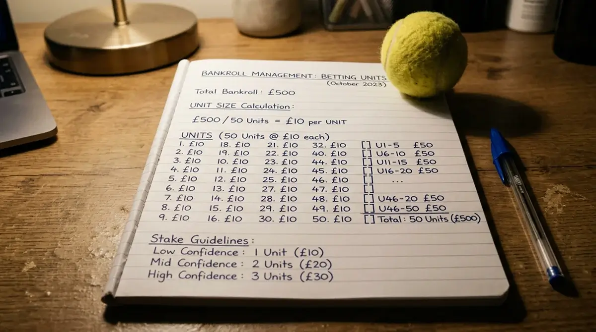 A handwritten plan dividing a betting budget into small consistent units