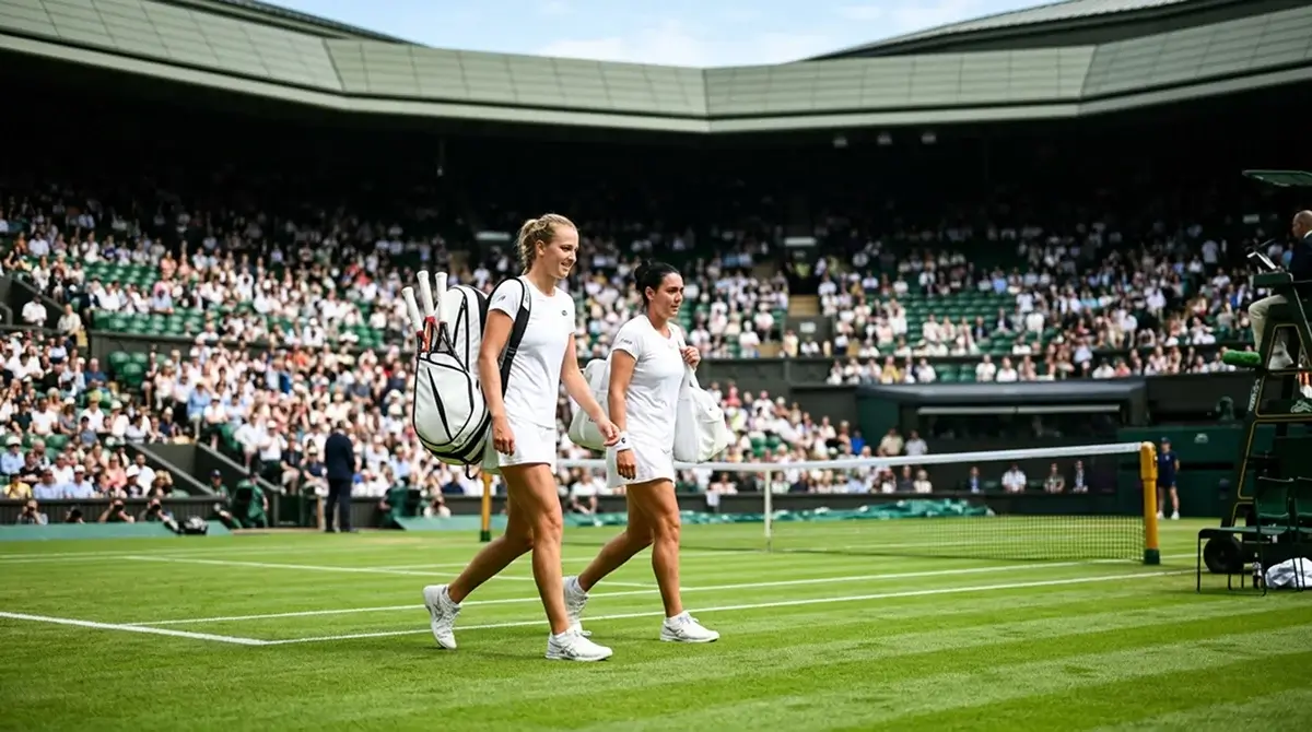 Players walking onto a Grand Slam show court before a match