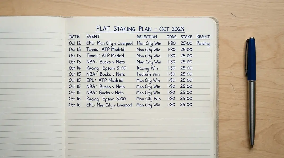 A simple chart illustrating consistent flat-percentage stakes across bets