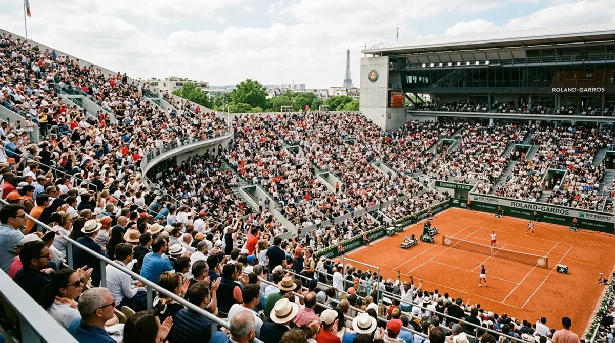 Crowds filling the stands for a marquee French Open match