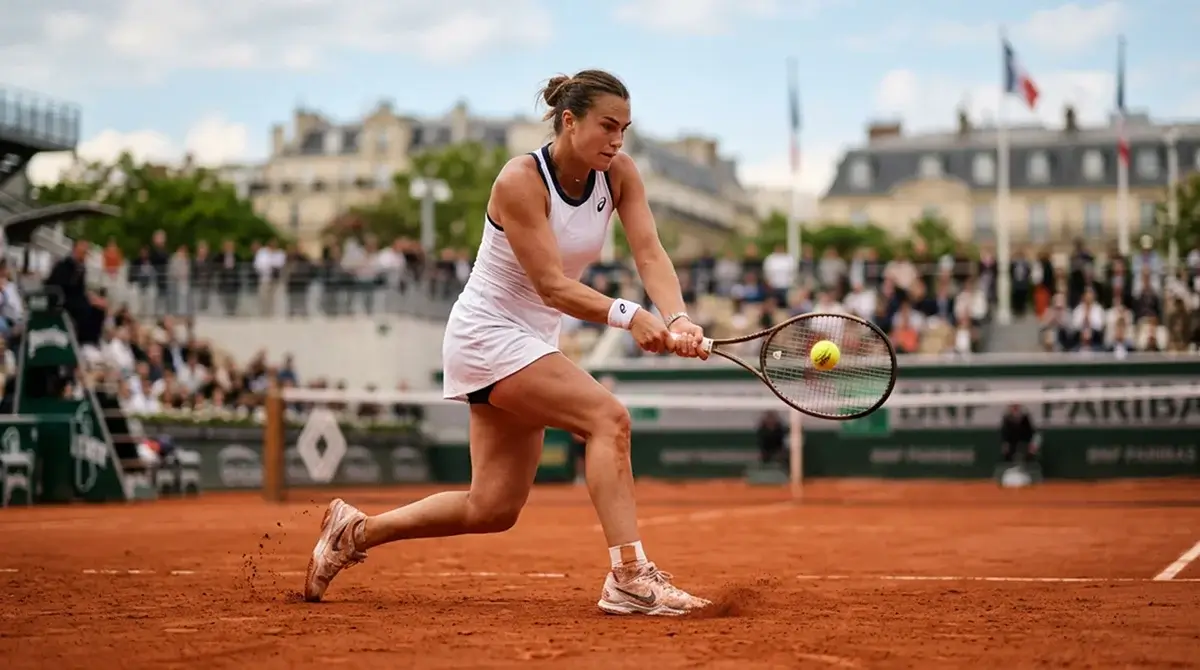 The red clay of Roland Garros under a Paris sky during a match