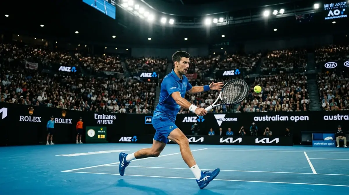 An evening tour match illustrating the year-round global tennis calendar