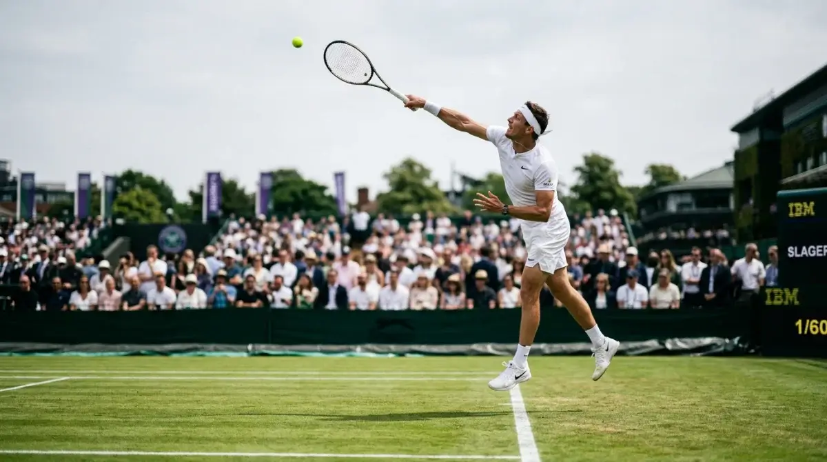A powerful server delivering on a fast grass tennis court
