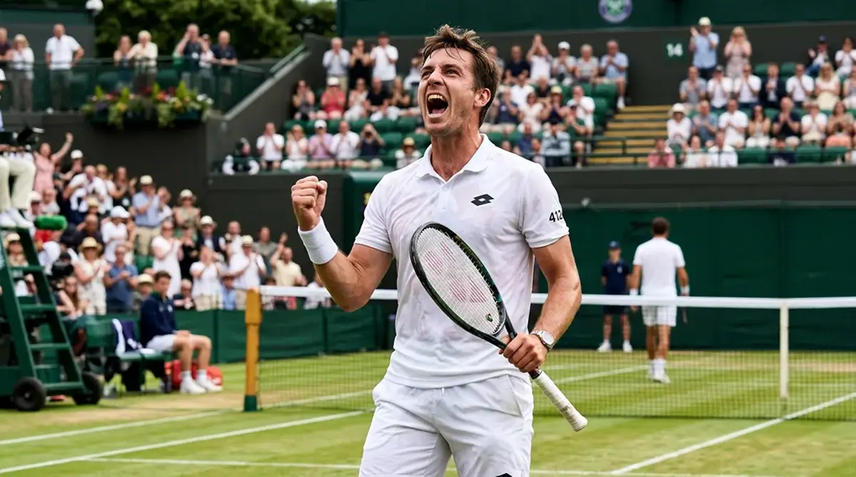 An unseeded grass-court player celebrating an early-round win