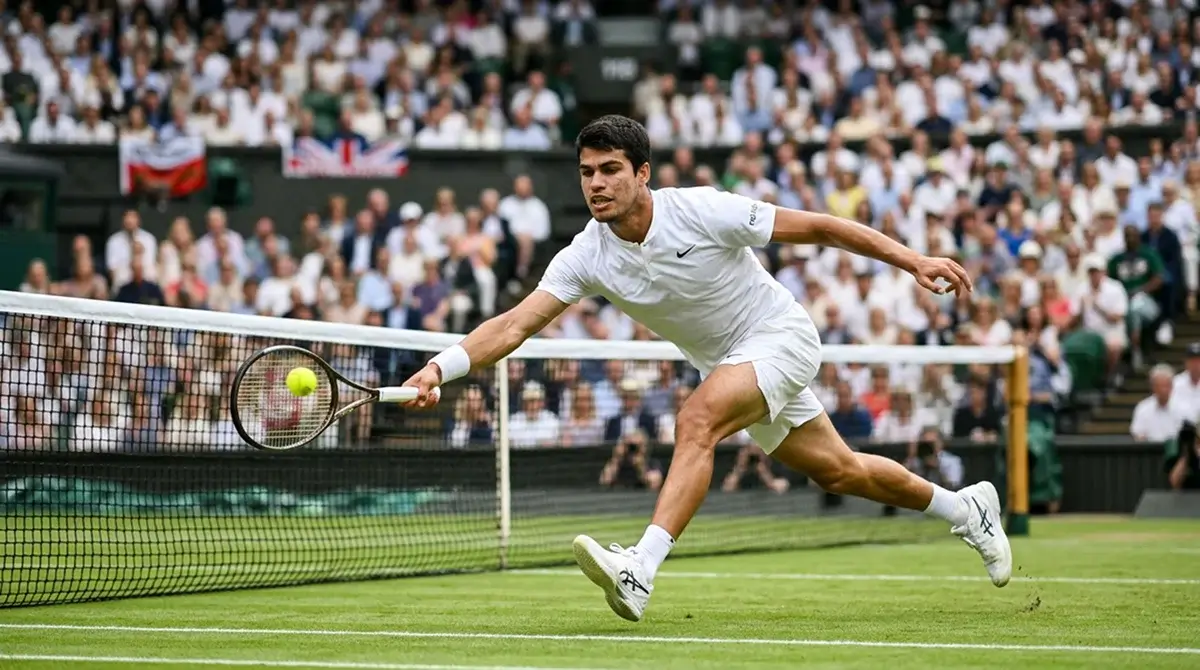 A top seed under pressure at the net during a volatile grass-court match