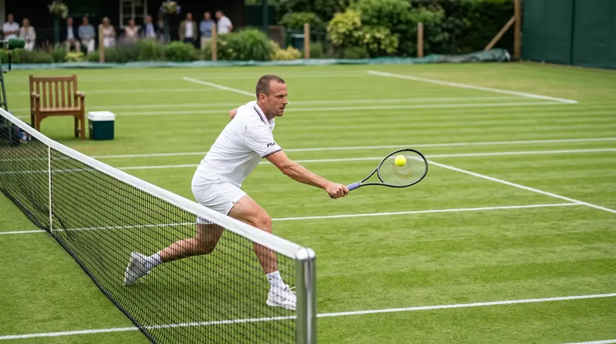 A pristine green grass tennis court with players at the net