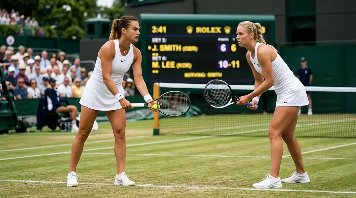 Two strong servers contesting a tight set on grass heading towards a tiebreak