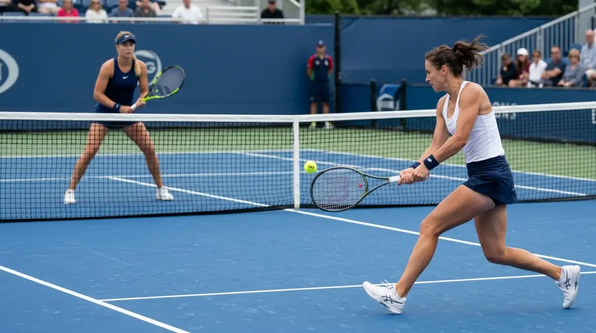 A baseline rally on a blue hard court showing the balanced surface