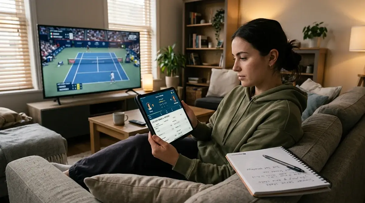 A bettor weighing up hard-court handicap and totals markets on a tablet