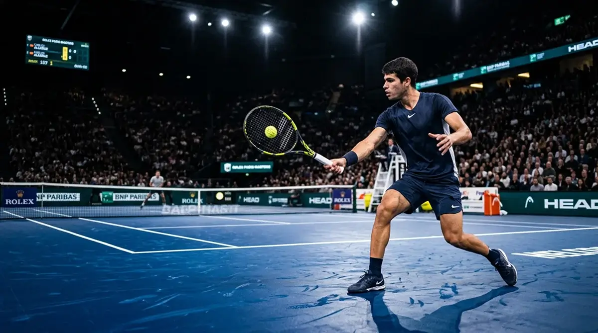 An indoor hard-court night match played under arena lighting