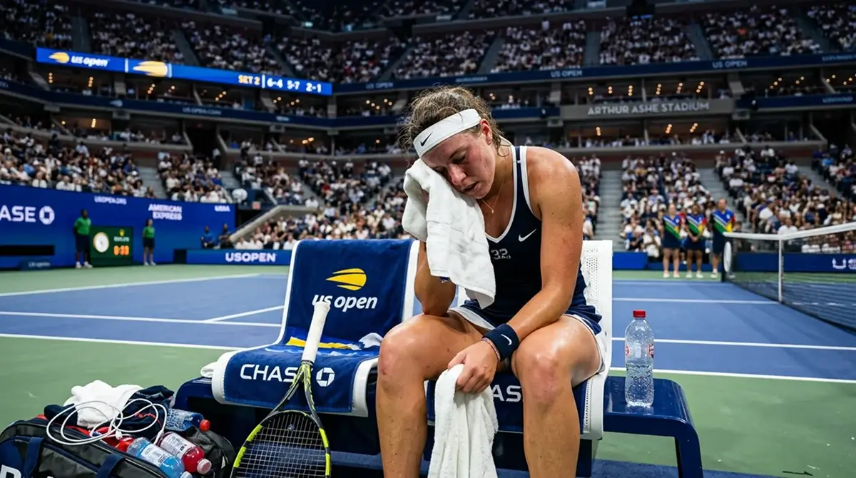 A visibly tired player resting between points late in a hard-court tournament