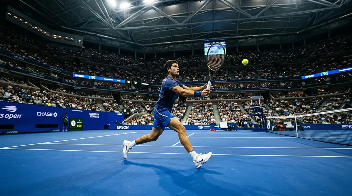 A blue hard court tennis arena under floodlights during a night match