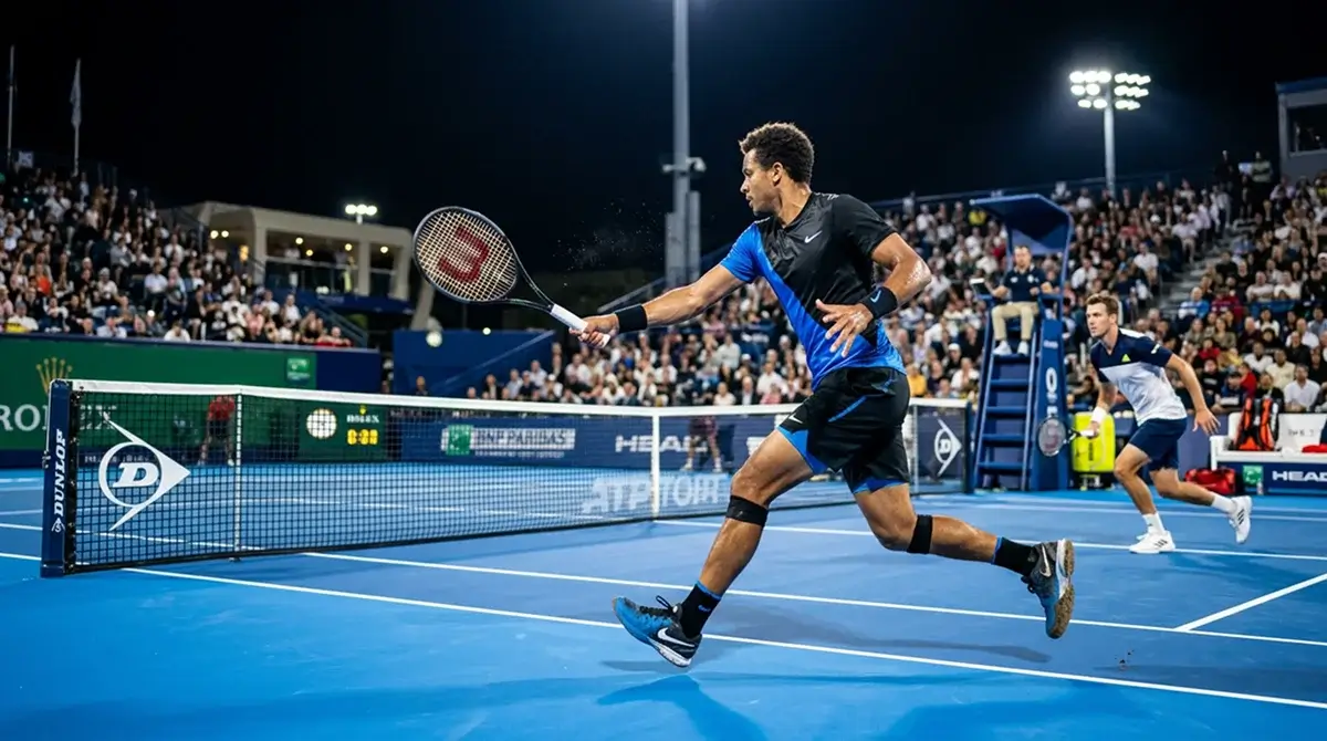 Two players competing on a blue hard court under stadium lights