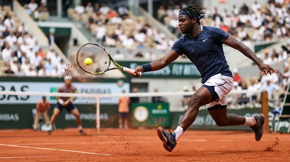 A player generating heavy topspin during a baseline rally on clay