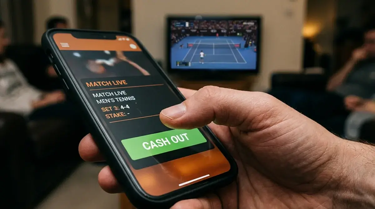 A hand hesitating over the cash out button on a betting app