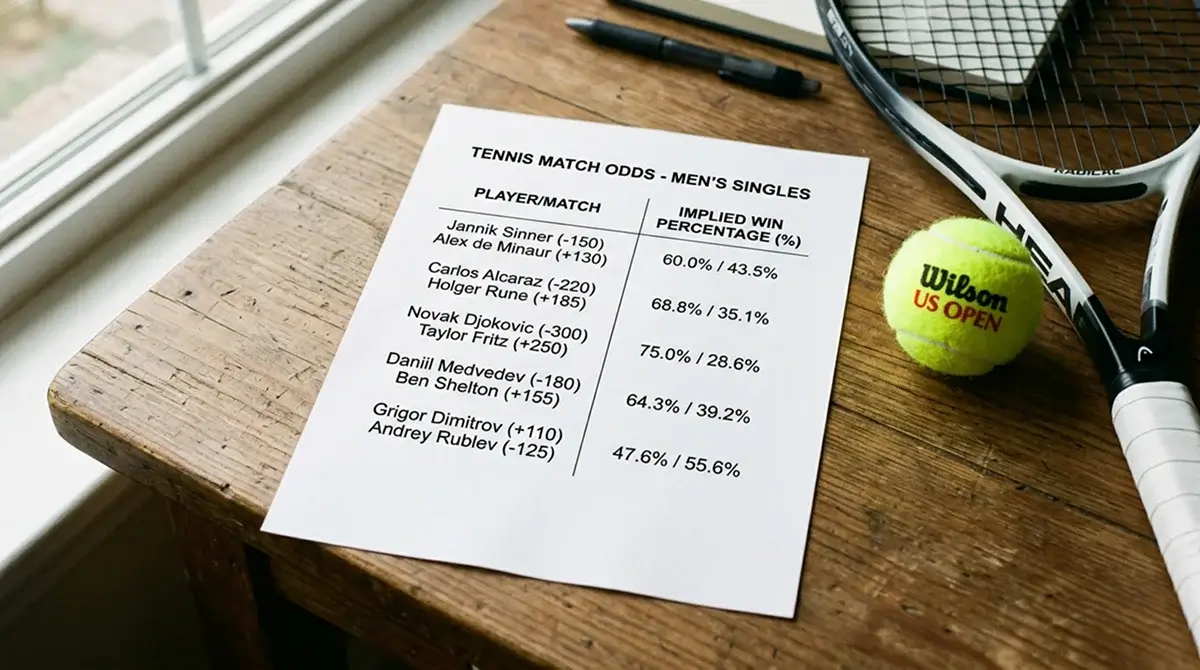 Tennis odds shown next to their implied win probability to illustrate finding value