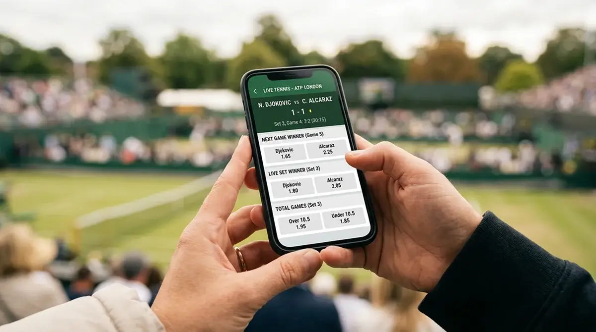Mobile in-play tennis screen listing live match winner, set and next game markets