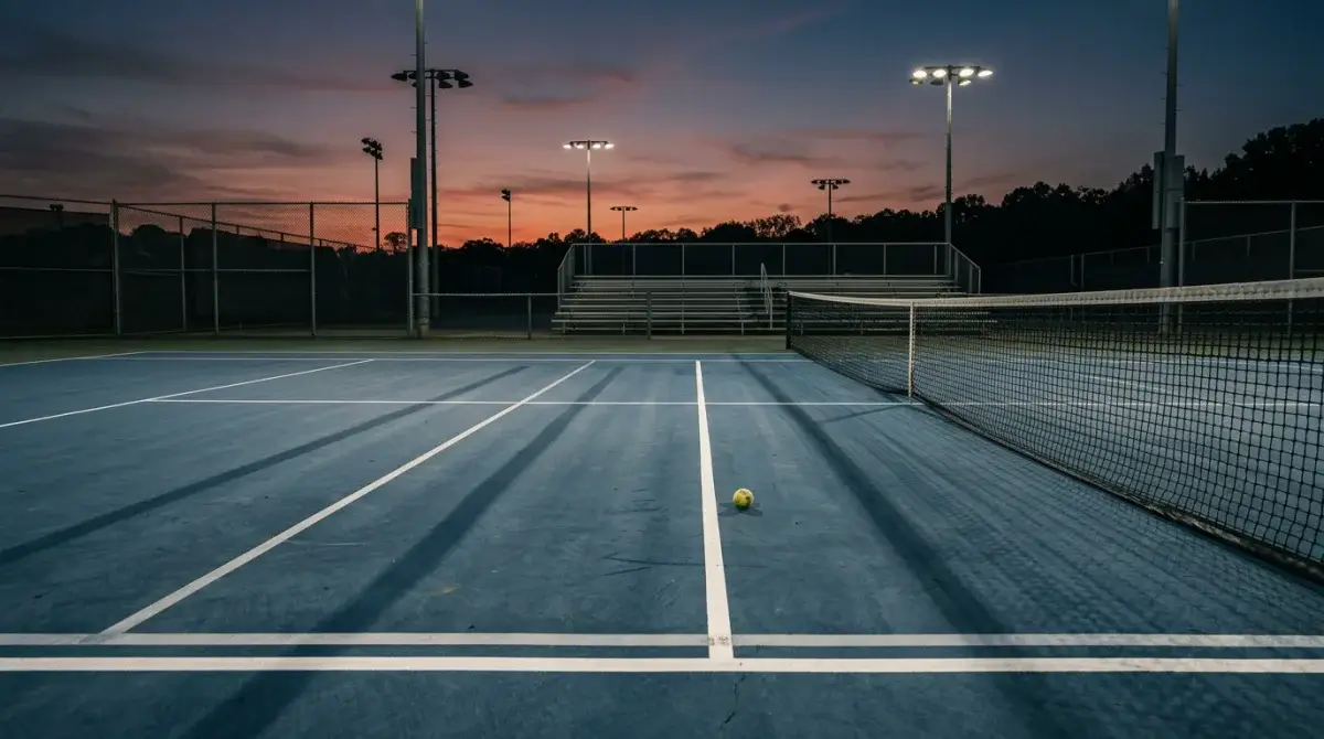 Tennis court at dusk under a magnifying glass over a match data report symbolising integrity monitoring