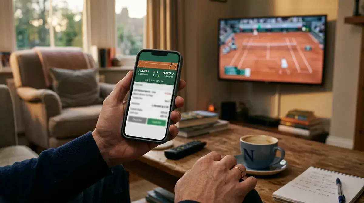 A smartphone tracking a live in-play tennis bet as the score changes