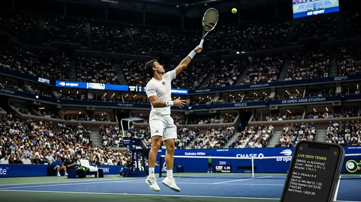 Tennis player mid-serve as a live in-play odds ticker shifts point by point