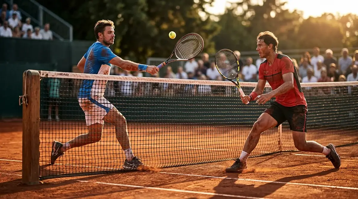 Two tennis players deep into a gruelling clay-court rally