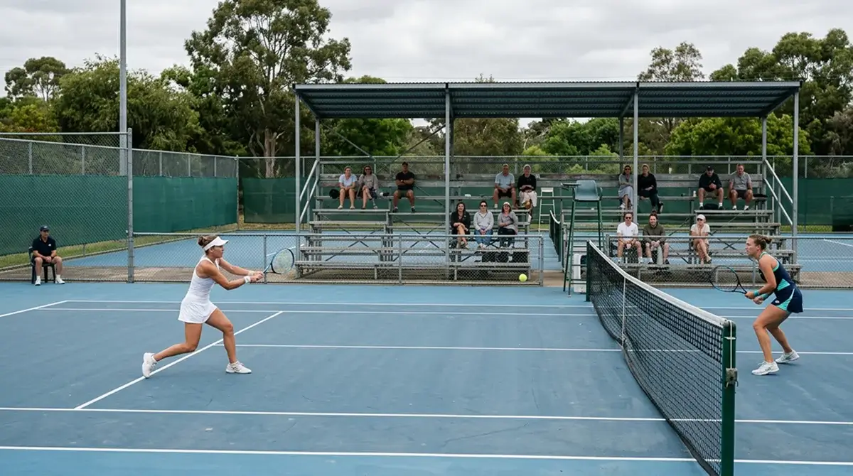 A sparsely attended lower-tier tennis match on a quiet outside court