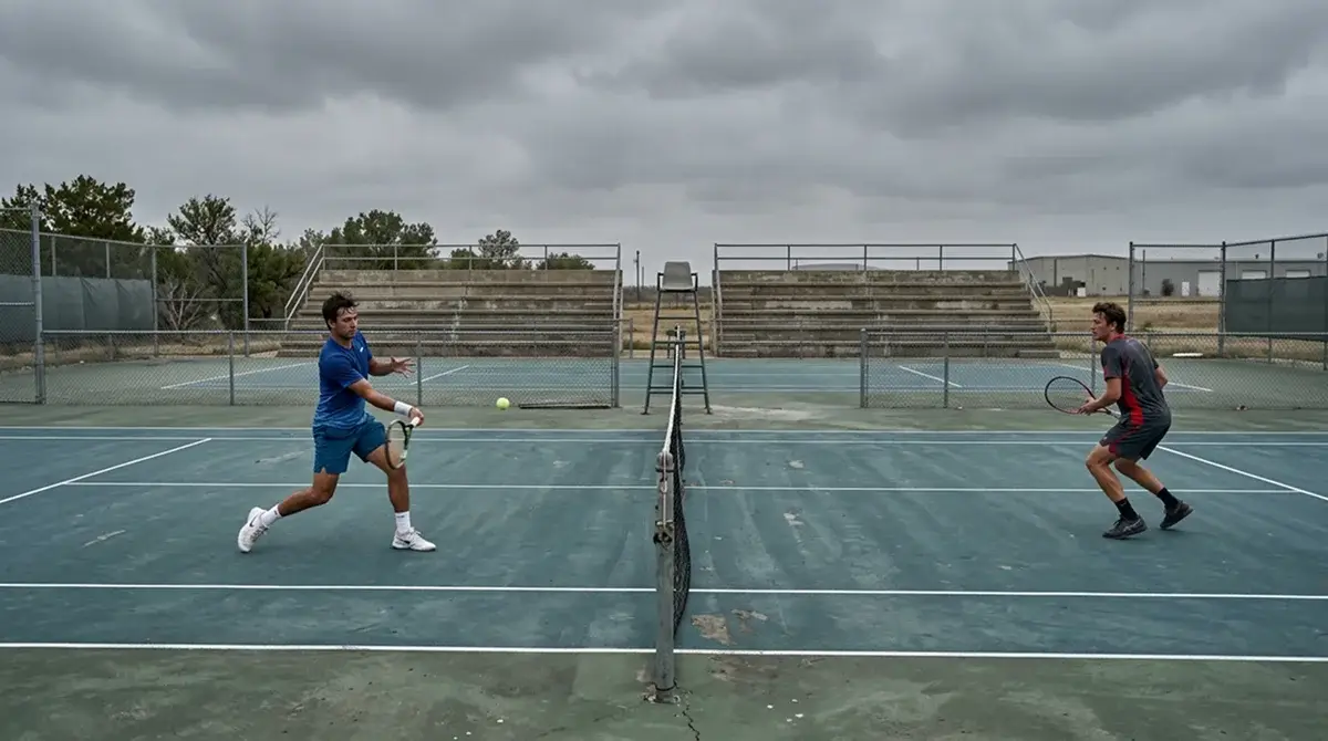 Lower-tier tennis match on an empty outside court with little scrutiny