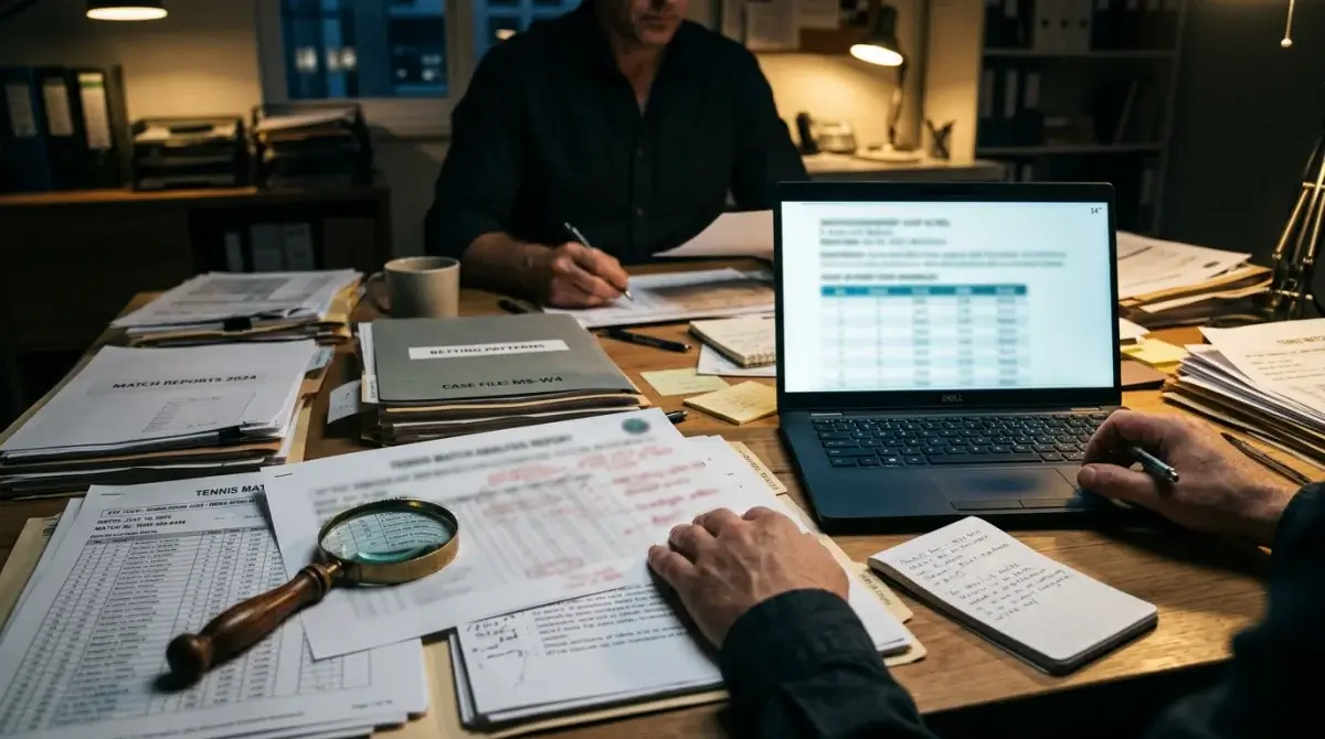 Investigator reviewing match data files as an alert moves towards a sanction
