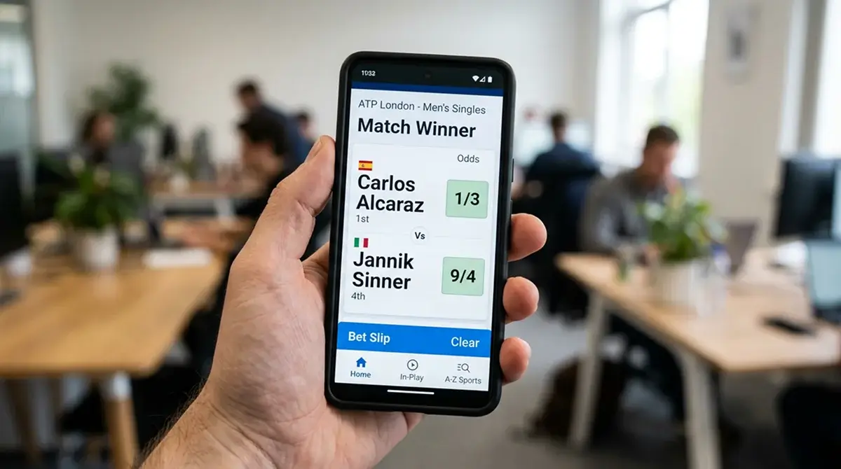Tennis match winner market shown on a betting coupon with fractional odds for two players