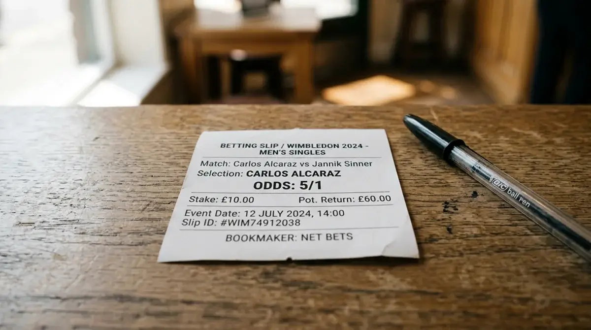 Close-up of a printed tennis bet slip showing prices written as fractions