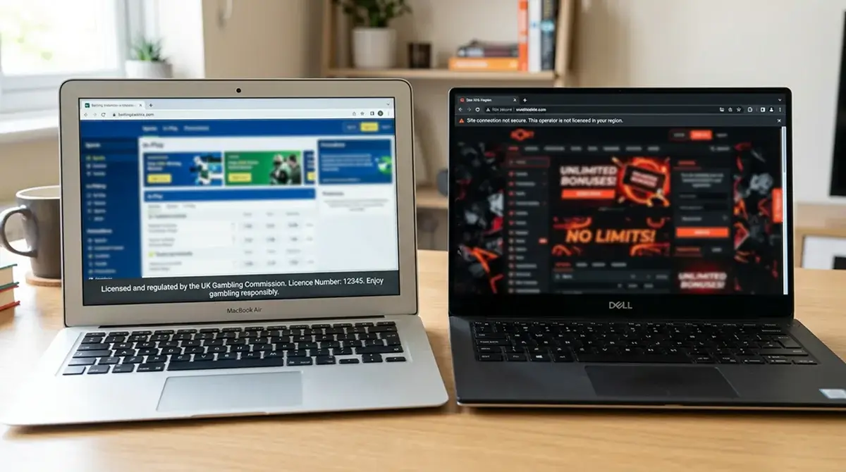 Licensed UK betting site beside an offshore unregulated gambling site for comparison