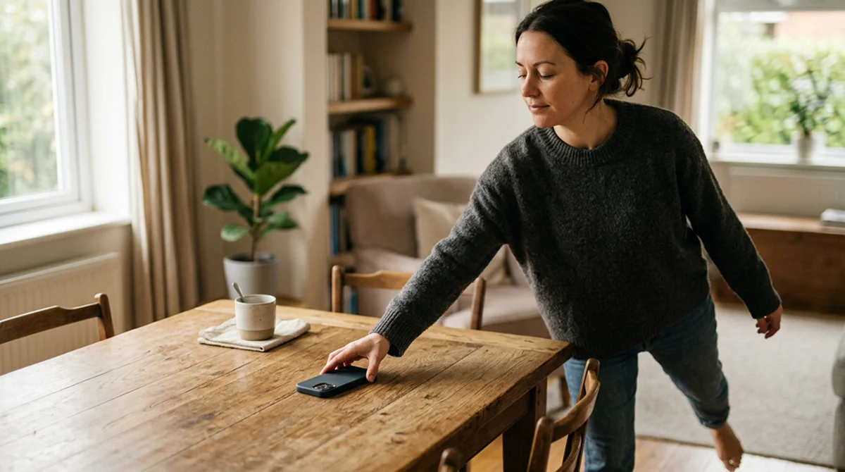 A person setting their phone aside, taking a deliberate break from betting