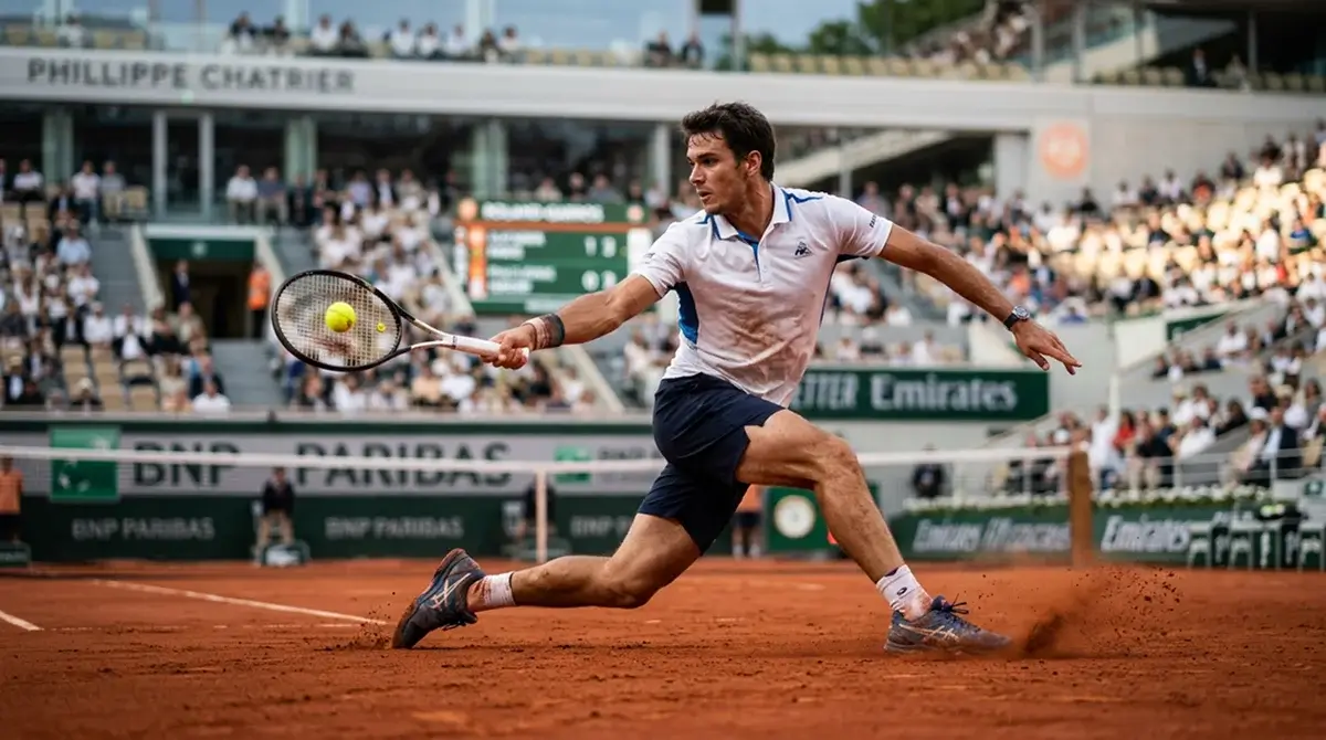 A clay specialist sliding into a forehand on the Roland-Garros clay