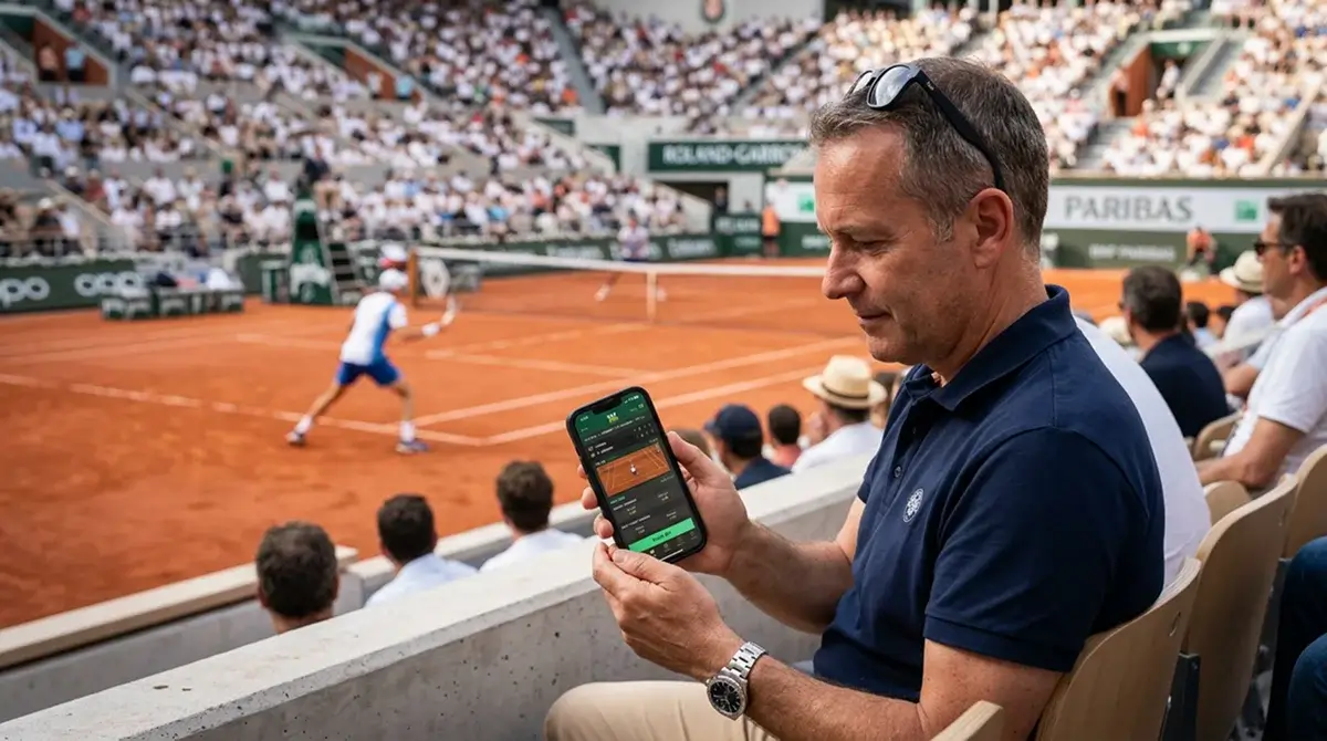 A spectator following live Roland-Garros betting markets courtside