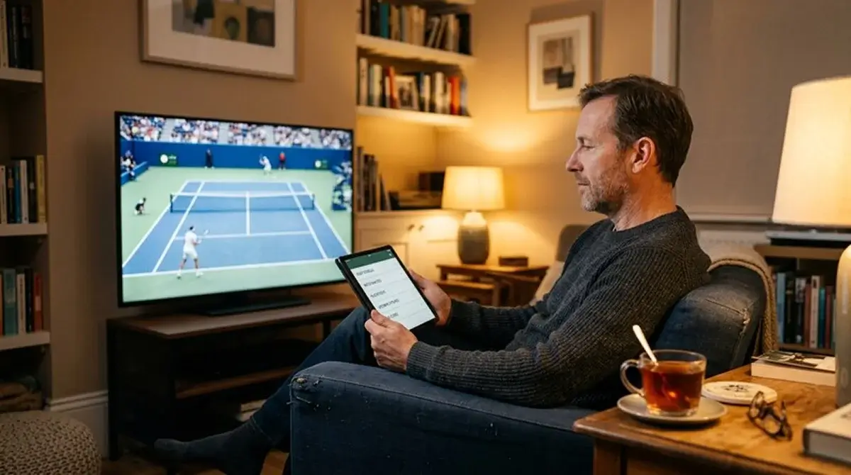A viewer studying set markets while watching a tennis match