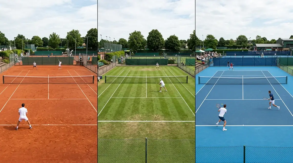 Clay, grass and hard tennis courts shown side by side